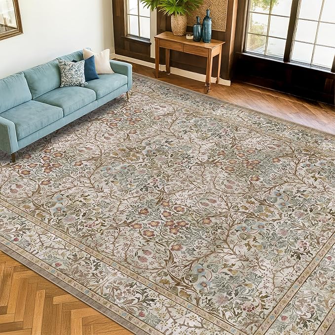 Vintage Moss Green Living Room Rug, 8x10 Washable Area Rugs for Bedroom, Dining Room Rugs Under Kitchen Table, Oriental Taupe Low Pile Stain Resistant Non-Slip Large Rug