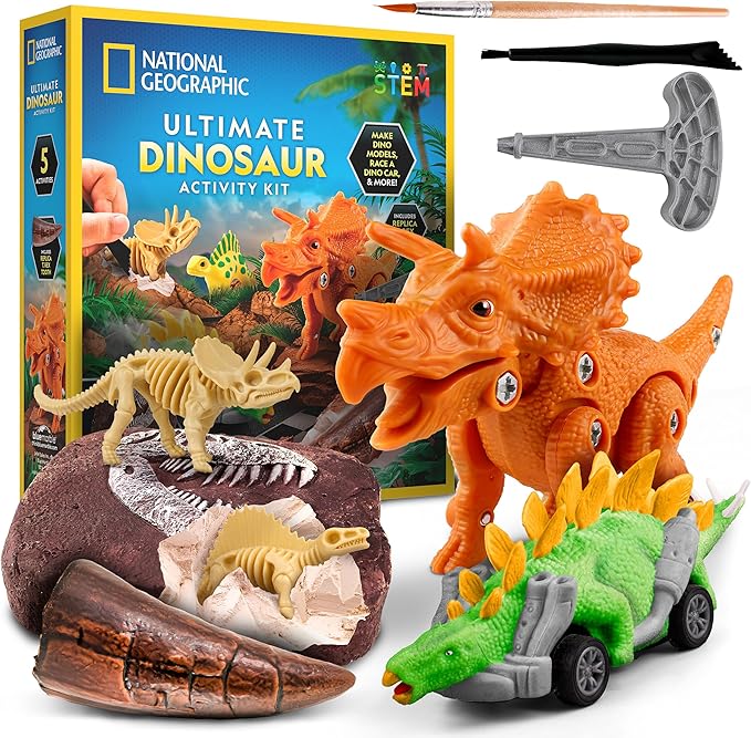 National Geographic Ultimate Dinosaur Activity Kit – 5 Hands-On Activities for Kids 4+, Build a Triceratops, Dig Out a T. Rex Tooth, Paint a Dino Car, Create Clay Dino Models