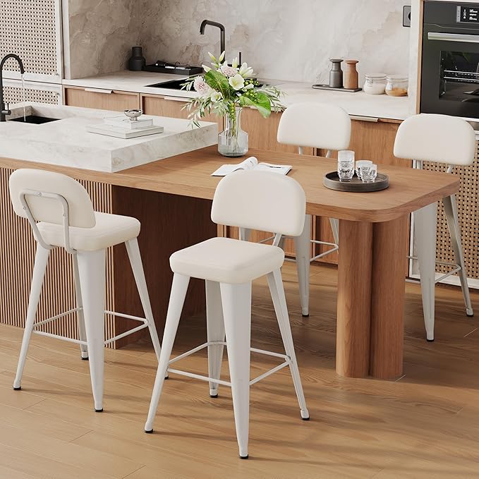 Aklaus PU Leather Metal Bar Stools 24 inch Faux Leather Counter Height Barstools Set of 4 Modern Farmhouse Bar Chairs with High Backs and Faux Leather Seat for Kitchen Island Dining Room Off White