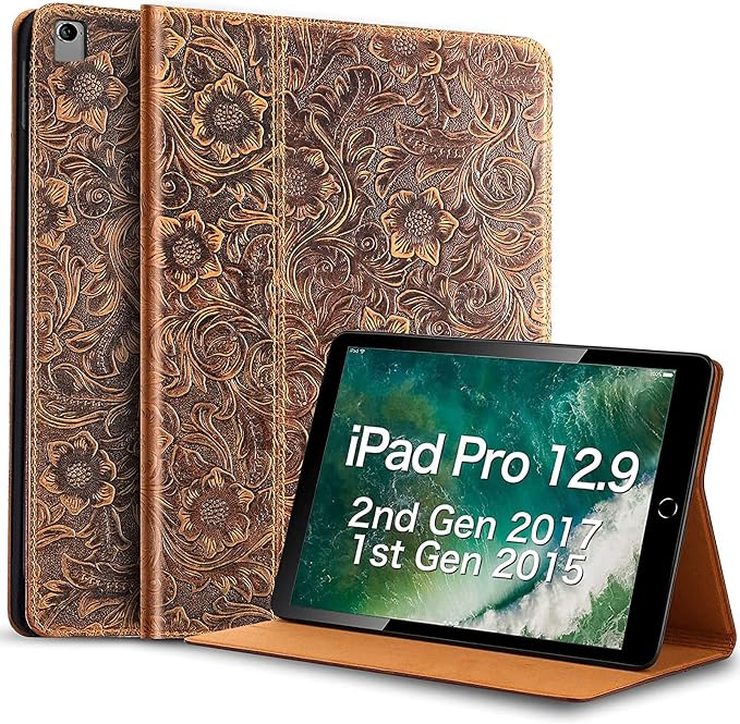 Gexmil Case for iPad Pro 12.9 Inch2nd/1st Generation(2017/2015) Genuine Leather Cover Anti Fingerprint/SlipCowhide Folio Cover Auto Sleep/Wake with Adjustable StandFlower Brown | Genuine Leather Co