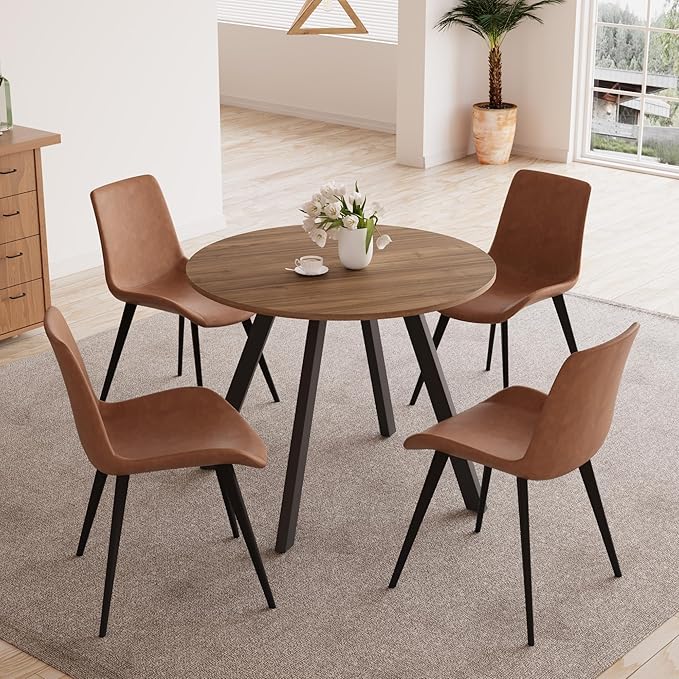 34.6'' Round Dining Table and Chairs for 4 Space Saving for Apartment Kitchen Dining Room (Walnut Table+4 Brown Chairs)