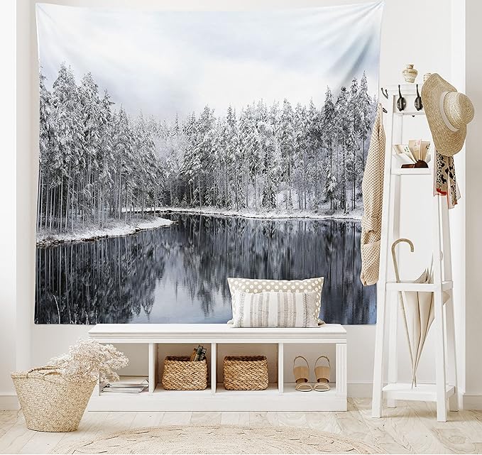 Ambesonne Woodland Tapestry King Size, Lake Surrounded by Snow Covered Trees on a Cold Winter Day in Finland Reflections, Wall Hanging Bedspread Bed Cover Wall Decor, 104" X 88", White Brown
