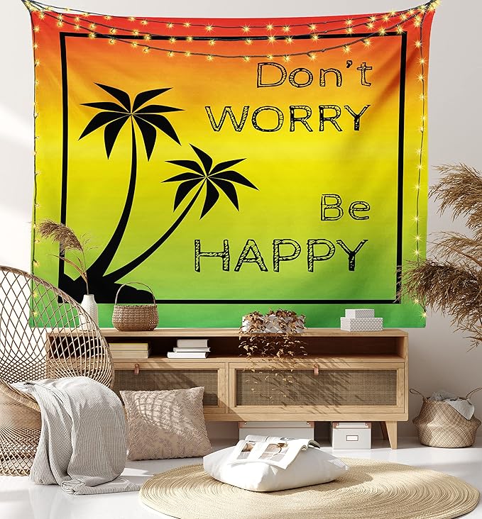 Ambesonne Rasta Tapestry, Dont Worry Be Happy Music Words of Iconic Singer Palms Ombre Colors, Fabric Wall Hanging Decor for Bedroom Living Room Dorm, 23" X 28", Lime Green Yellow Black