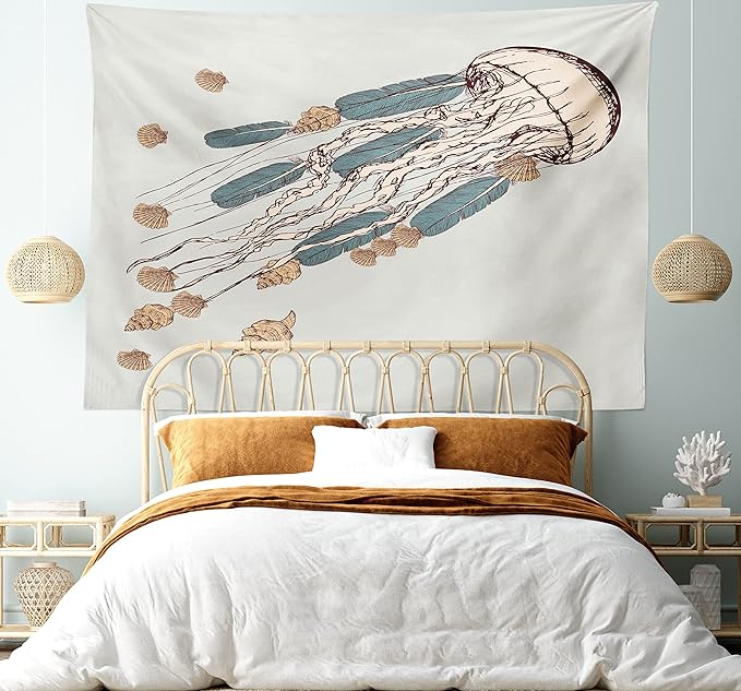 Ambesonne Jellyfish Tapestry, Boho Feather Tentacles Shells Vintage Art Print Under the Sea Tribal Fish, Fabric Wall Hanging Decor for Bedroom Living Room Dorm, 28" X 23", Beige Brown