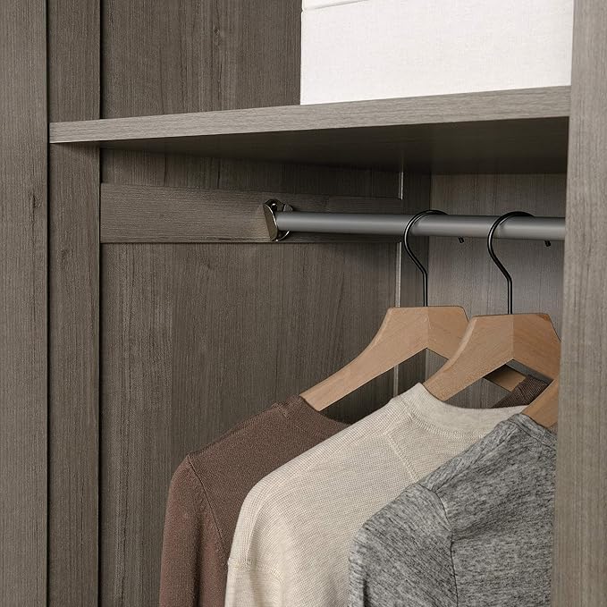 Sauder Select Multipurpose Bedroom Armoire Wardrobe Closet Pantry Storage Cabinet with Storage Drawers and Hanging Rail, in Silver Sycamore