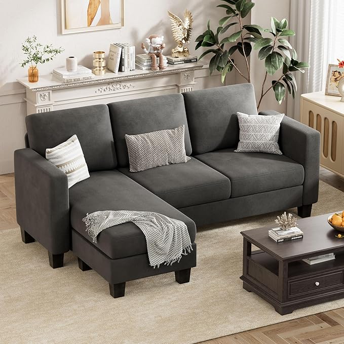 VICTONE Convertible Sectional Sofa Couch, 3 Seat L-Shaped Sofa with Linen Fabric Ottoman Small Couch for Small Apartments, Living Room and Office (Linen Fabric, Dark Gray)
