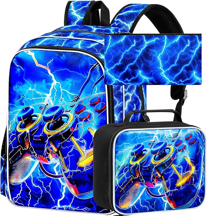 KLFVB 3PCS School Backpack for Kids, 17" Boys Game Bookbag and Lunch Box, Water Resistant Teenagers Backpacks for Middle Elementary - Lightning Game