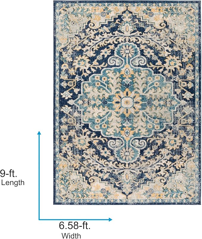 Livabliss Area Rugs - 7x9 Odelia Vintage Boho Blue Aqua Slate Area Rug for Living Room Bedroom - Floral Medallion Stain Resistant Carpet for Kitchen, Nursery, Office (6'7" x 9')