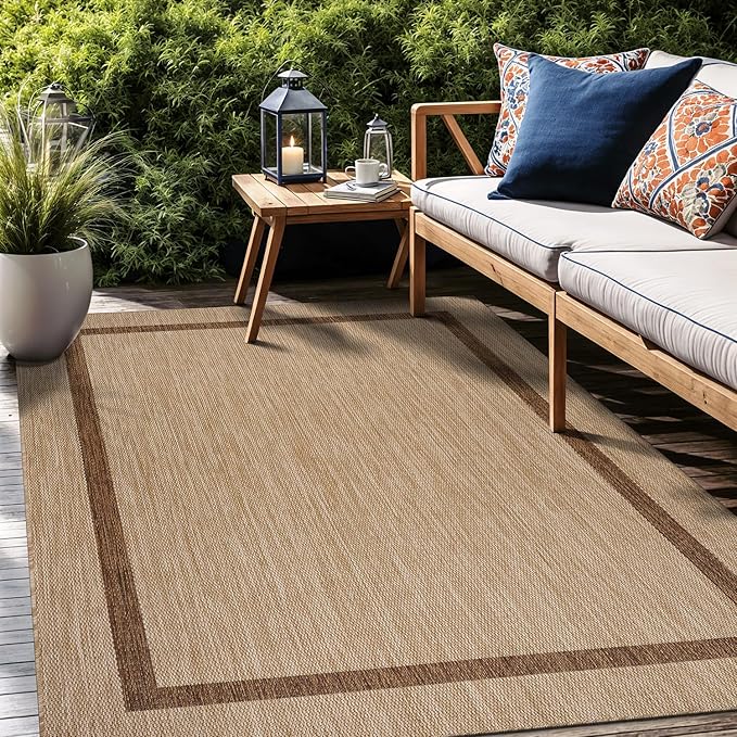 Bordered Outdoor Rug 10x14 Washable Outside Carpet for Indoor Patio Porch Waterproof Easy Cleaning Non Shedding Area Rugs Jute Beige - Nut Brown 10 x 14