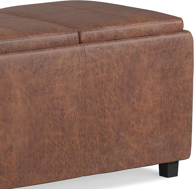 SIMPLIHOME Avalon Storage Ottoman - 42 inch Wide Upholstered Vegan Leather Rectangular Flip-Top Ottoman in Distressed Saddle Brown, Contemporary Coffee Table Ottoman for Living Room with Storage