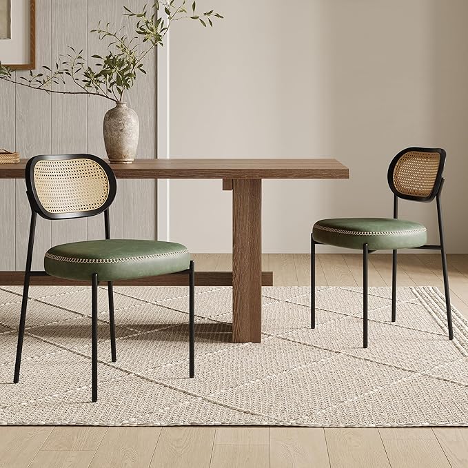 Rattan Dining Chairs Set of 4, Green Leather Upholstered Dining Chairs with Rattan Cane Back, Mid Century Modern Dining Room Chairs with Black Metal Legs & D-Shaped Thicken Cushion, Green