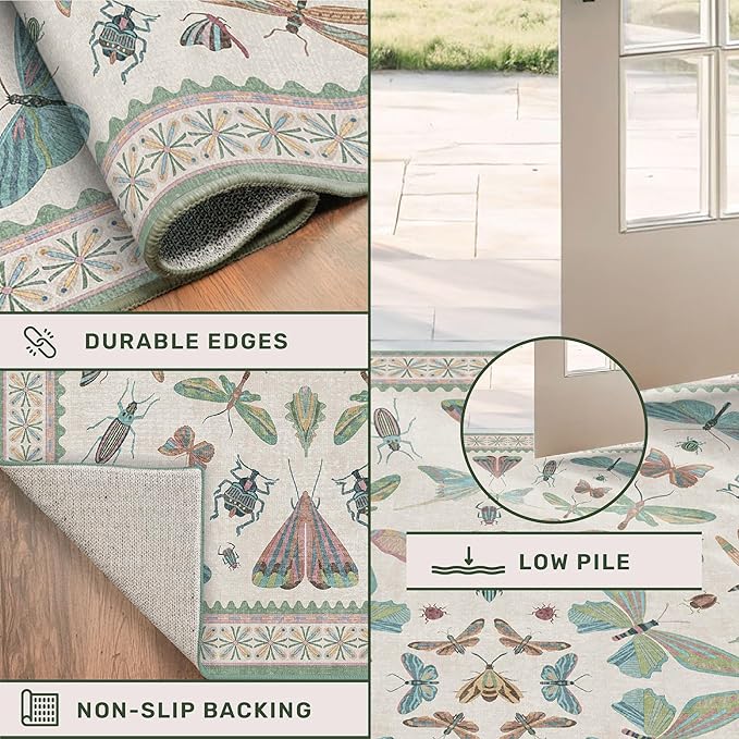 Washable Sage Green Large Entryway Rug, 3x5 Area Rugs for Laundry Room, Kitchen, Bedroom, Dorm, Insect Print Vintage Floral Non-Slip Throw Rug Low Pile Stain Resistance