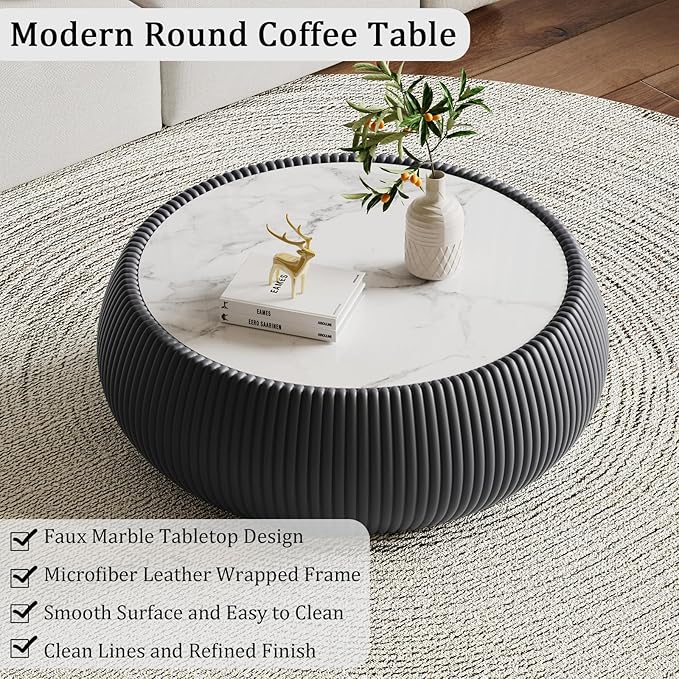 Grey Round Coffee Table with Sintered Stone Tabletop, 27.55" Drum Coffee Table with Fluted PU Leather Covered and Stable Base, Circle Cocktail Tea Table for Living Room