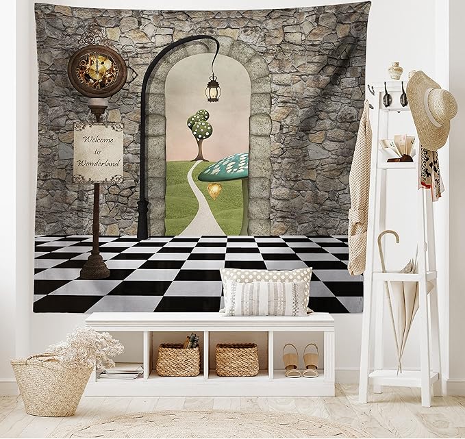 Ambesonne Alice in Wonderland Tapestry, Welcome Wonderland Black and White Floor Landscape Mushroom Lantern, Wide Wall Hanging for Bedroom Living Room Dorm, 80" X 60", Stone Black