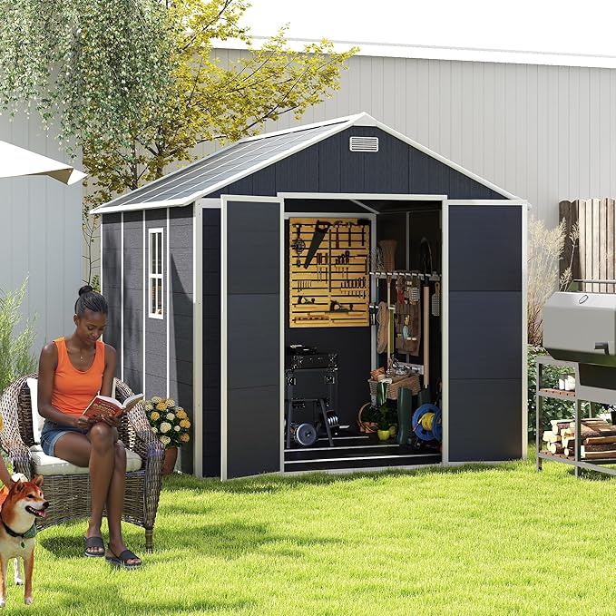 8' x 8' Resin Storage Shed Outdoor, PP Material & Strong Structure for All Weather, Plastic Garden Shed w/Window for Garden, Backyard, Poolside and Lawn, 15mm Thick PP Board - Dark Grey