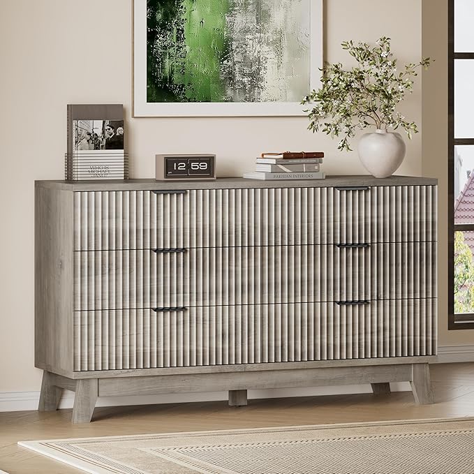 53" Long Dresser for Bedroom, 6-Drawer Dresser with Fluted Fronts, Wide Wood Chest of Drawers, Smooth Metal Slides, Stable Base, Modern Clothes Storage Cabinet for Living Room, Hallway