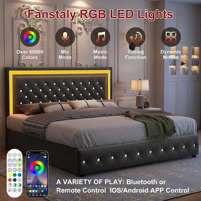 King Bed Frame with LED Lights, Storage Drawers, No Box Spring Needed, 900 lbs Capacity, Easy Assembly, Velvet Grey