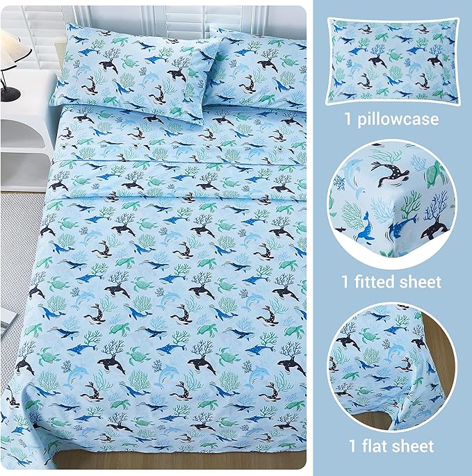 Viviland 3 Pieces Boys Blue Ocean Twin Sheet Set - Soft Microfiber Fitted Flat Sheets & Pillowcase - Blue Ocean Whales, Sea Turtles, Marine Organisms Bedding Sets - for Kids & Toddlers