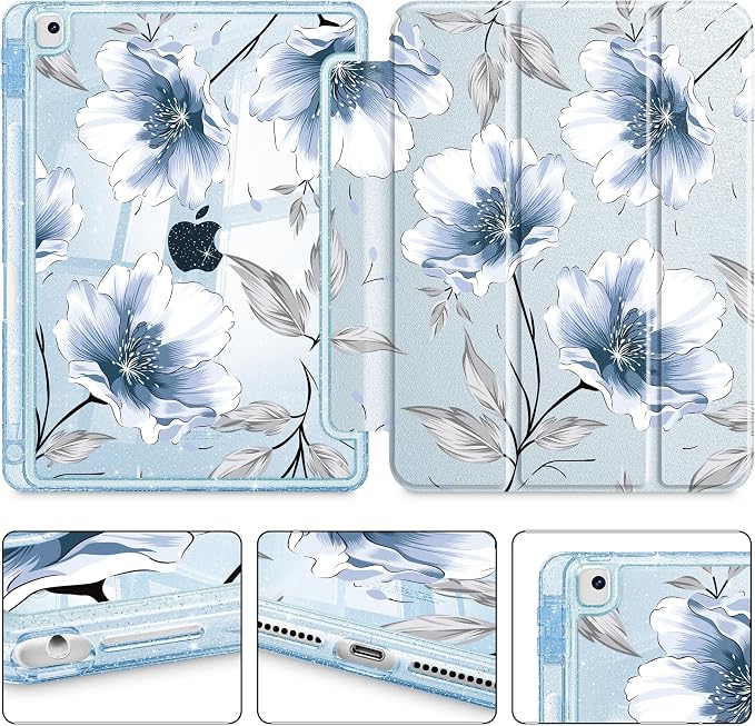 Mektron Sparkly Case for iPad 10.2 inch Glitter Tablet Cases for iPad 9th Gen 2021/8th Gen 2020/7th Gen 2019 Cover with Shiny Clear Back Shell Foldable Bling Smart Cover Blue Floral