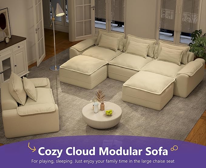Hobestluk 120" Cloud Modular Sectional Couch 3-Seater Sofa with Ottomans U Shaped Couch Deep Seat Sofa with Removable Cover Large Sofa for Living Room (Beige, 3-Seater Sofa with Two Ottomans)
