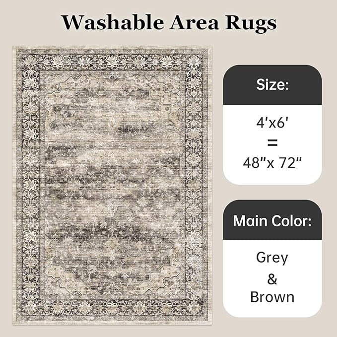 4x6 Area Rugs for Living Room Machine Washable Vintage Floral Boho Rugs Non Slip Stain Resistant Low Pile Soft Faux Fur Carpet Rug for Bedroom Patio Dining Room Home Office Kids Room,Hazel Brown