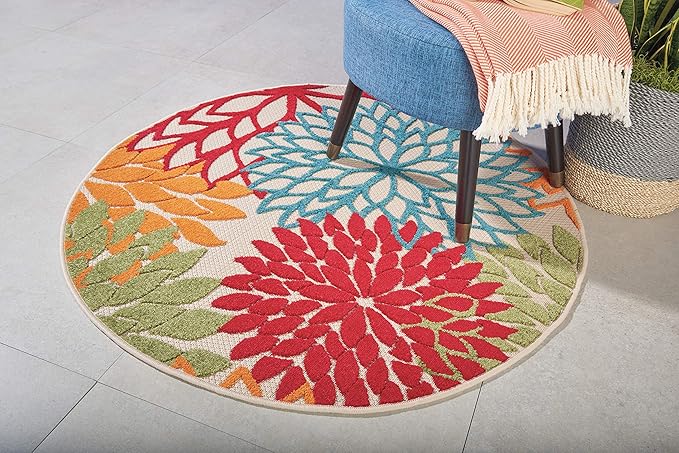 Nourison Aloha Indoor/Outdoor Green 4' x Round Area-Rug, Tropical, Botanical, Easy-Cleaning, Non Shedding, Bed Room, Living Room, Dining Room, Deck, Backyard, Patio (4 Round)