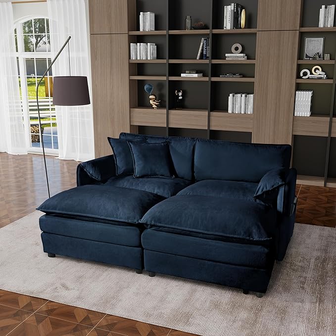 Loveseat Deep Seat Sectional Sofa Cloud Couch, Modern Chenille Comfy Upholstered Modular U Shaped Couch for Living Room, Apartment, Office (Blue, 75.59 Inch-U Shape)