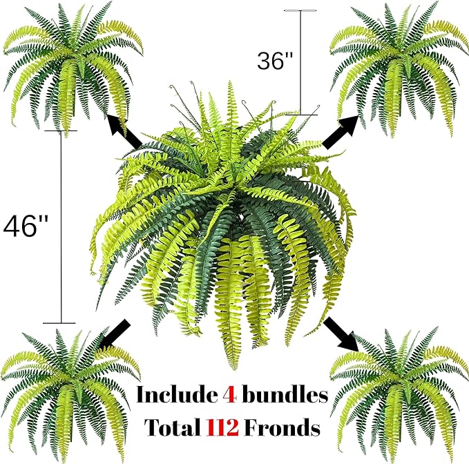 Polyester Artificial Boston Fern Bush,Set of 4,Fake Fern Hanging Plants UV Resistant That Look Real for Outdoors and Home Decor. (36" 4Pcs-Yellow Green)
