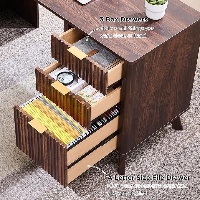 T4TREAM 60'' Fluted Executive Desk with Drawers, Modern Home Office Computer Desk with Charging Station, Keyboard Tray, File Drawer and Storage Cabinet for Study, Living Room, Bedroom, Dark Walnut