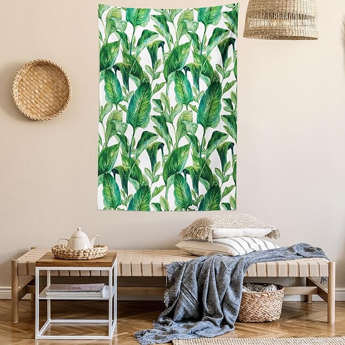 Ambesonne Leaf Tapestry, Romantic Holiday Island Hawaiian Banana Trees Watercolored Image, Fabric Wall Hanging Decor for Bedroom Living Room Dorm, 30" X 45", Forest Green