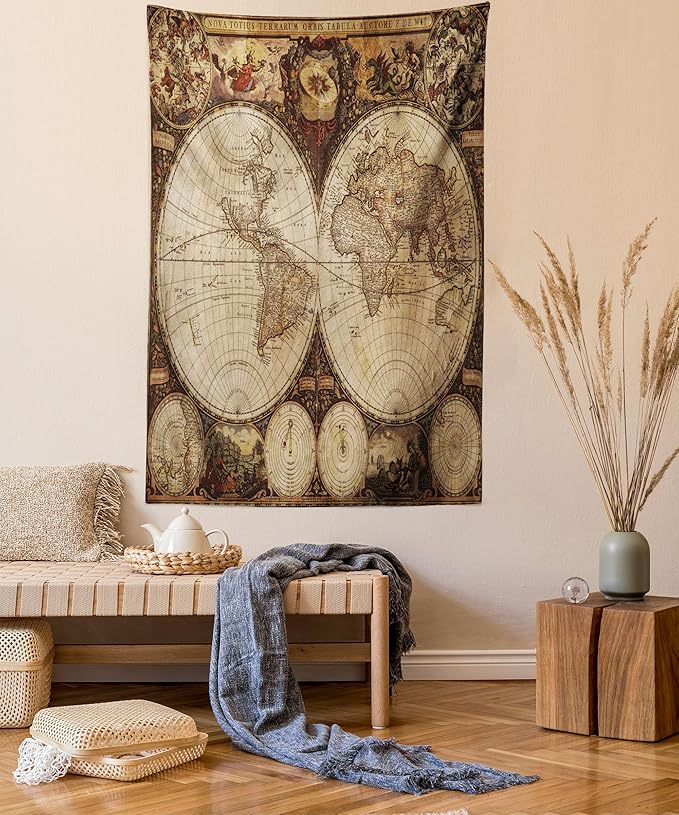 Ambesonne World Map Tapestry King Size, Old World Map Drawn in 1720s Nostalgic Style Art Historical Atlas Vintage Design, Wall Hanging Bedspread Bed Cover Wall Decor, 30" X 45", Multicolor