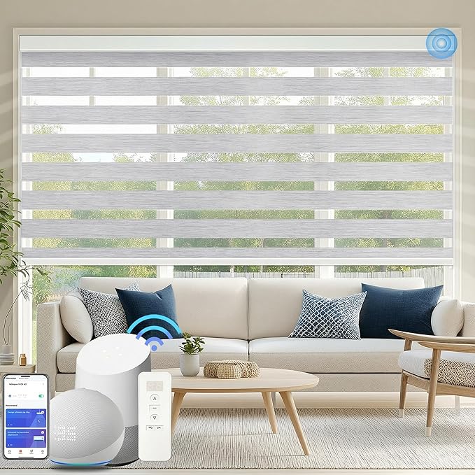 COOLWINDS Motorized Zebra Blinds for Windows Cordless Electric Curtains with Remote Control Blackout Shades Custom Smart Blinds Compatible with Alexa Google Home(95% Blackout Grey,W31 X 72in)