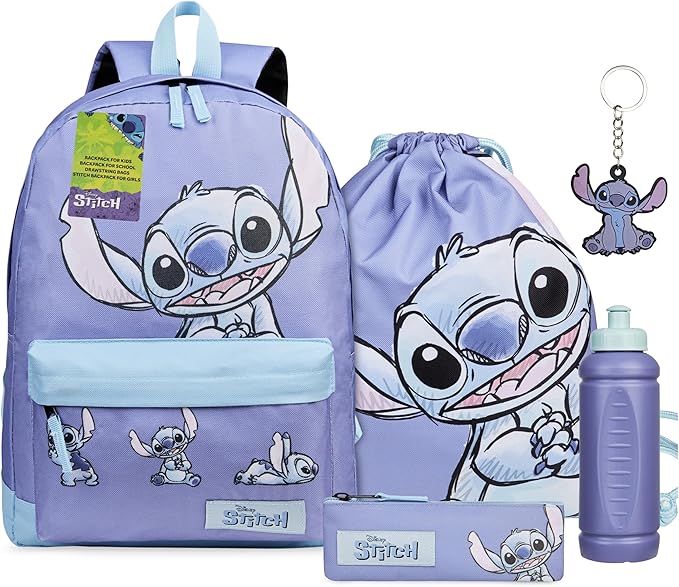 Disney Stitch Backpack 5-Pcs Gifts for Girls, Kids with Water Bottle Drawstring Bag Pencil Case Keychain School Travel Kit (Blue/Lilac)