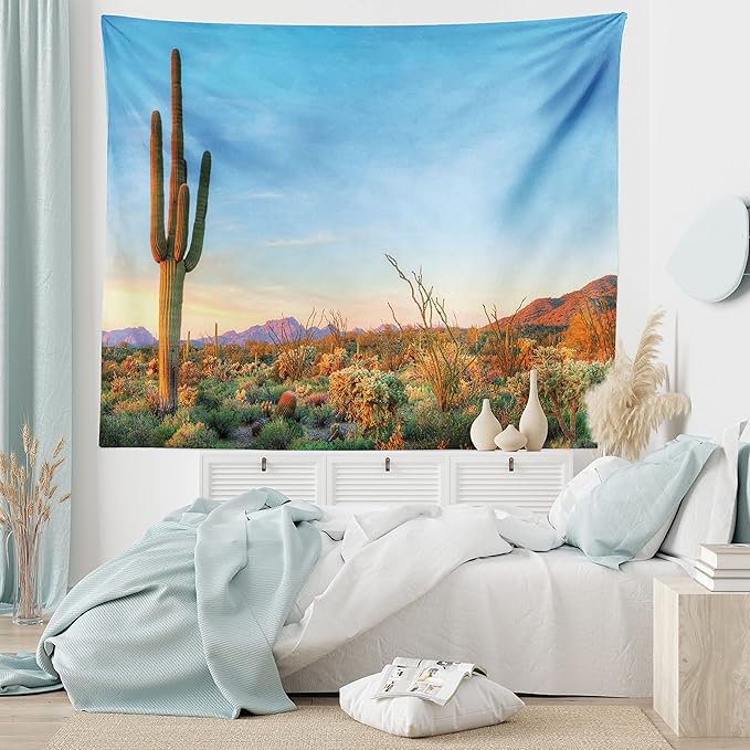 Ambesonne Saguaro Tapestry King Size, Sun Goes down in Desert Prickly Pear Cactus Southwest Texas National Park, Wall Hanging Bedspread Bed Cover Wall Decor, 104" X 88", Orange and Blue