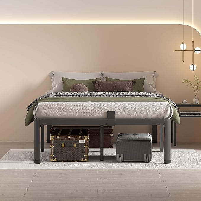 MAF 18 Inch Queen Bed Frames with Round Corner Legs Mattress Slide Stopper No Box Spring Needed Heavy Duty Metal Platform Bed Frame Under-Bed Storage Space, 3000 LBS Steel Slats Support