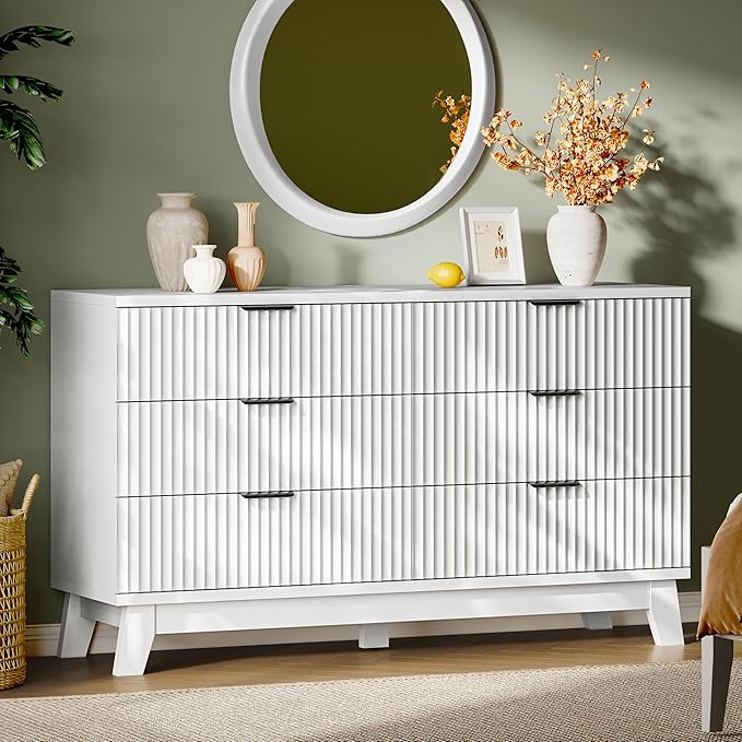 Fluted Dresser with 6 Drawers, 54" Wide Modern Chest of Drawers with Metal Handle, Wooden Dresser TV Stand, Wood Closet Clothes Storage Organizer for Bedroom, Living Room, Hallway, Solid White