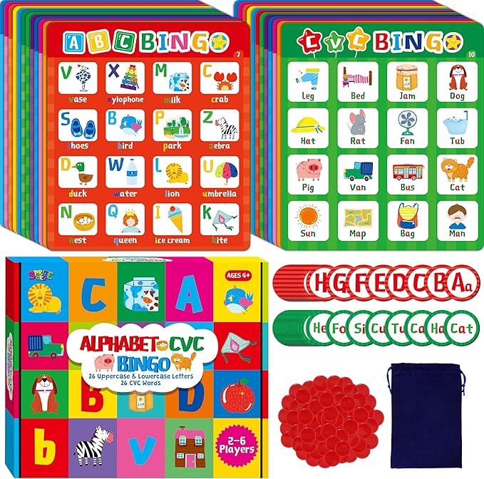 SpriteGru Alphabet & CVC Bingo Game, 12 Bingo Board ABC Letters, CVC Words Phonetic Game, Letters Phonetic Awareness Early Educational Learning Toys - Ages 4 and up, Perfect for Classroom & at Home