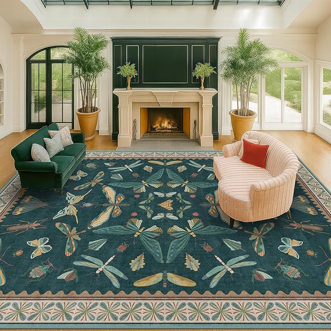 9x12 Large Living Room Rug - Dark Teal Multi Dining Room Rugs for Under Table, Bedroom, Kids Room, Classroom, Insect Butterfly Floral Décor, Lightweight Non Slip Low Pile