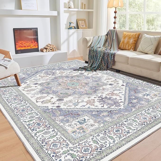 OPPODREAM Thin 8x10 Area Rugs, Washable Rugs 8x10 with Non Slip Backing, Faux Cashmere Low-Pile 8 x 10 Carpet, Purple & Green & Cream