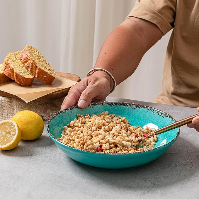 LEHAHA Melamine Pasta Bowl, 9.25 inch Large Wide and Shallow Bowls Set of 6, 42 OZ Unbreakable 100% Melamine Serving Bowls Set for Dinner, Noodle,Ramen,Salad, Fruit Bowl. Dishwasher Safe, Teal…