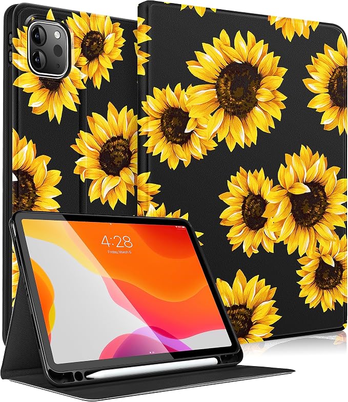 Uppuppy for iPad Pro 12.9 Case Kids Folio PU Leather Cover with Apple Pencil Holder Auto Sleep/Wake Adjustable Angles for iPad Pro 12.9 6th/5th/4th/3rd Gen Sun Moon Black