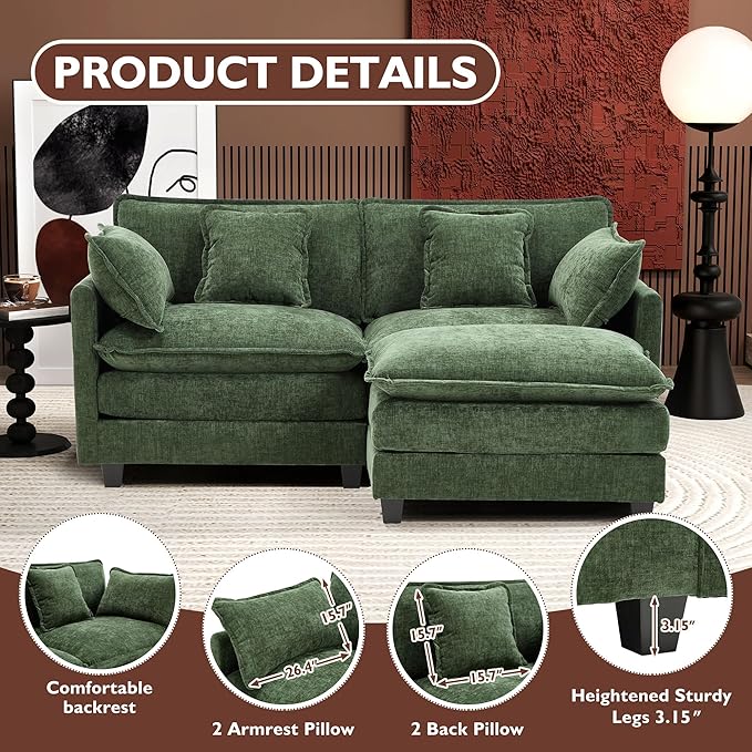 Ihanherry 77" L Shaped Modern Sofa Modular Sectional Cloud Couch with Ottoman, 3-Seat Chenille Deep Seat Sofa with Pillow for Living Room, Bedroom and Apartment, Green