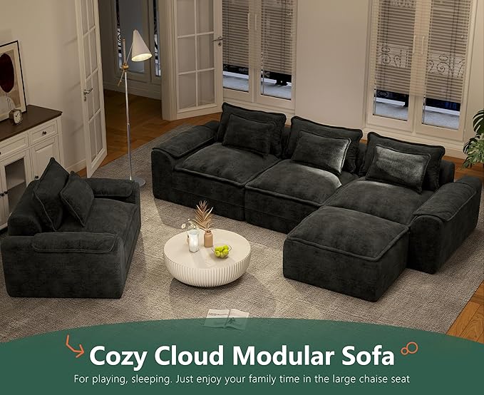 Hobestluk 120" Cloud Modular Sectional Couch 3-Seater Sofa with Ottoman L Shaped Sofa with Removable Cover Large Sofa Couch for Living Room (Dark Grey, 3-Seater Sofa with One Ottoman)