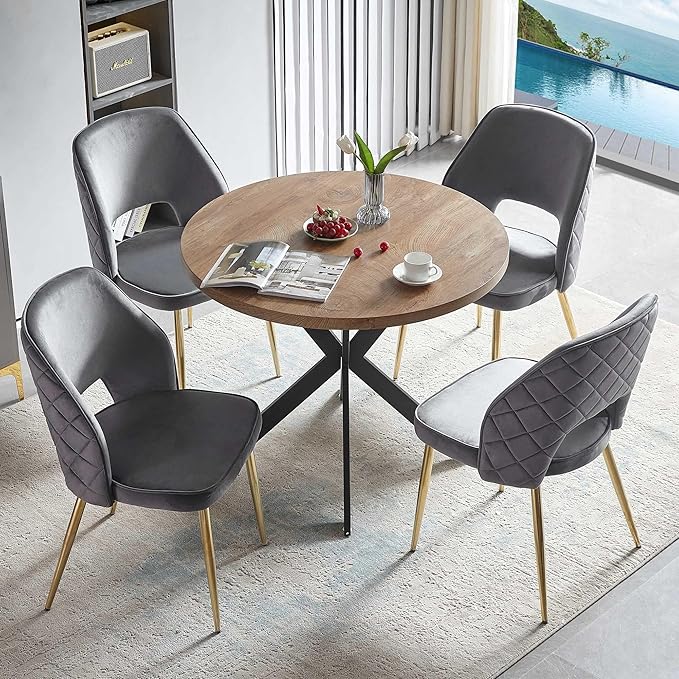 NORDICANA 5-Piece Dining Table Set for 4 - Space Saving 37-Inch Round Table and Chairs, 4 Seaters Dining Set with Upholstered Dining Chairs (Grey)