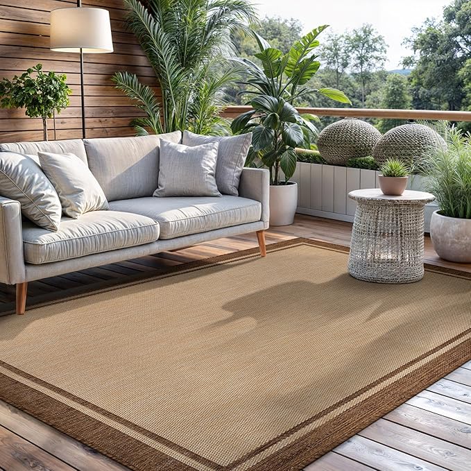 CAMILSON Outdoor Rug 9x12 Bordered Natural Brown Modern Area Rugs for Indoor and Outdoor Patios, Kitchen and Hallway Mats, Washable Porch Deck Outside Carpet (Border Jute, 9 x 12)