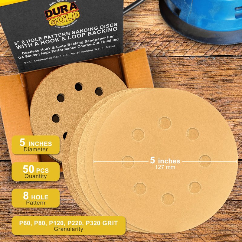 Dura-Gold Premium - Variety Pack - 5" Gold Sanding Discs - 8-Hole Dustless Hook and Loop - 10 Each of Grit (60, 80, 120, 220, 320) - Box of 50 Sandpaper Finishing Discs for Woodworking or Automotive