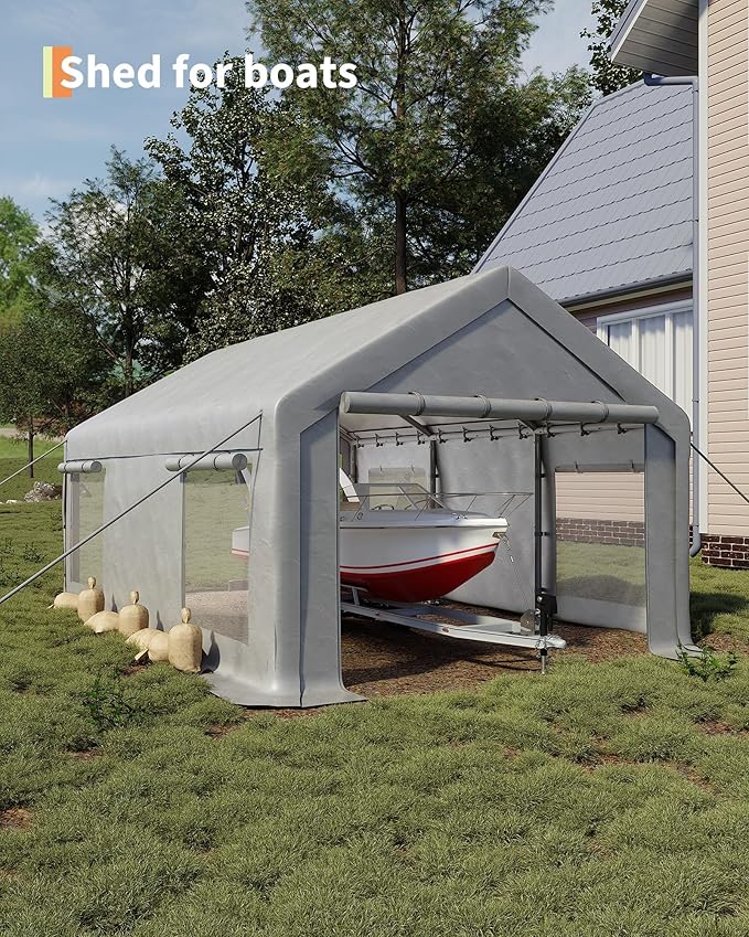Heavy Duty Carport Canopy 12x20 FT Outdoor Storage Shed – Portable Metal Garage Tent Shelter with Removable Sidewalls & Doors, Car Boat Truck Cover for Driveway, RV, Motorcycle,White