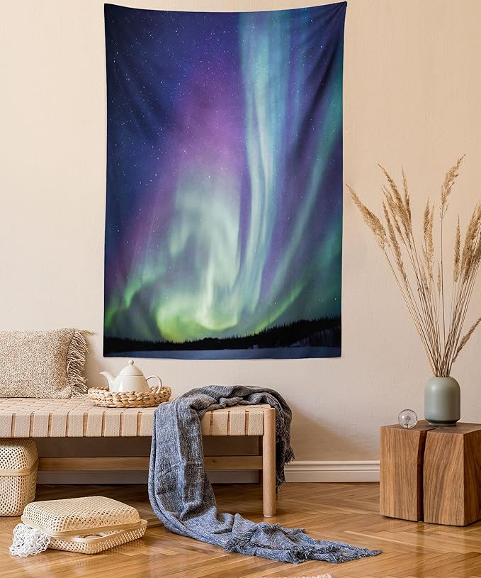 Ambesonne Aurora Borealis Tapestry, Exquisite Atmosphere Solar Starry Sky Calming Night Image, Wall Hanging for Bedroom Living Room Dorm Decor, 40" X 60", Dark Blue Mint Green