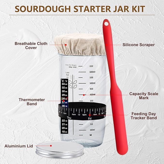 Complete Sourdough Starter Kit, Sourdough Bread Baking Supplies, Banneton Bread Proofing Basket with Sourdough Starter Jar, 9inch Round Bread Proofing Basket, for Bread Baking