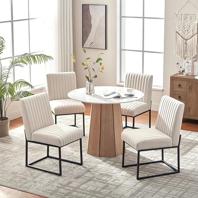 VKNOW Upholstered Dining Chairs Set of 4, Modern Dining Room Chairs with Stripe, Linen Kitchen Chair Dinner Chair with Black Metal Base for Kitchen Office, Beige